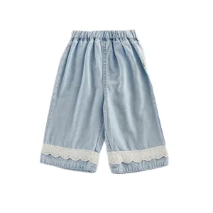 Girls summer thin denim shorts with cute white lace trim and elastic waist for kids.