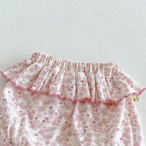 Baby infant floral ruffles shorts bloomers detail view, cute toddler summer clothing.