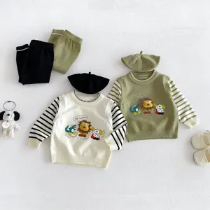 Baby boy autumn knit sweater pants hat 3-piece set, cute cartoon animal design, cozy toddler wear.