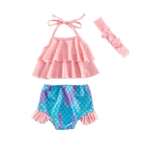 Set costume da bagno sirena per bambina, bikini rosa con spalle scoperte e slip.