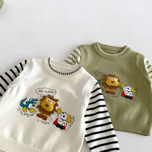 Kids knit sweater detail view, cute cartoon animal pattern, soft cotton blend fabric, autumn kids wear.