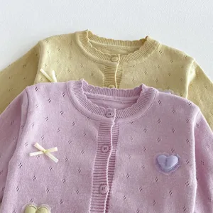 Infant baby girl knit cardigan sweater with cute heart and bow detail, soft round neck top.