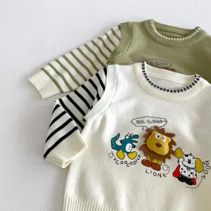 Toddler baby knit sweater featuring cute 3D cartoon animal embroidery and striped sleeves.