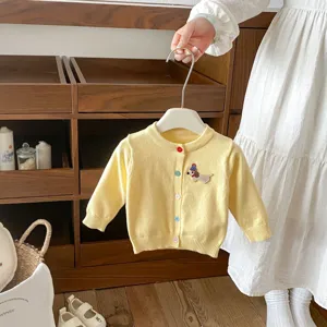 Baby cute cartoon dachshund embroidery knit cardigan, sweet style long sleeve buttoned sweater.