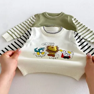 Children knitted sweater vest detail showing cartoon animal patch and fine knit texture.