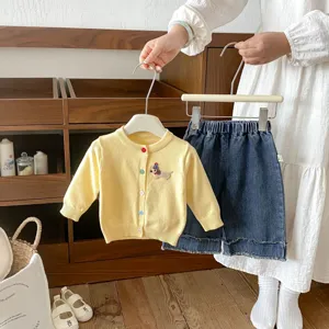 Infant fall knit cardigan and denim skirt set, cute dachshund embroidery, sweet baby outfit.