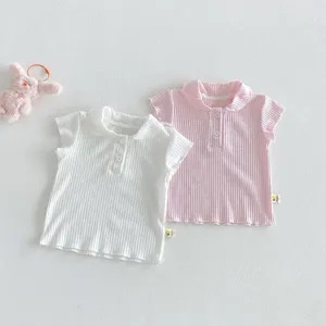 Infant baby cotton rib polo short sleeve t-shirt white pink cute versatile daily wear top