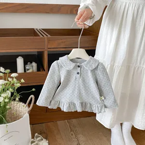 Infant toddler girl polka dot long sleeve top Peter Pan collar cotton shirt detail view