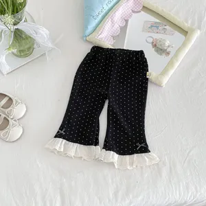 Toddler Girls Flare Pants Casual Cotton Polka Dot Bow Lace Trim Cute Korean Style Kids Long Pants