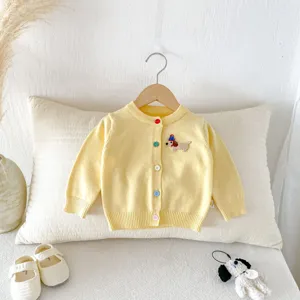 Infant baby girl yellow knitted cardigan sweater featuring cute dachshund embroidery and buttons.
