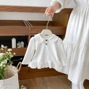 Toddler baby girl polka dot long sleeve blouse cute doll collar cotton autumn top detail view