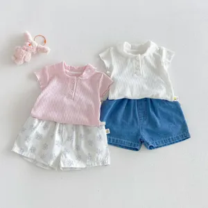 Infant baby girl summer ribbed polo shirt and shorts clothing set, cute toddler outfit.