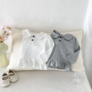 Cute baby toddler long sleeve polka dot shirt with doll collar, comfortable cotton top.
