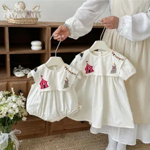 Bambina Estate Cotone Tuta Neonato Abito Ricamo Circo Neonato Bodysuit Abiti Abbinati Sorelle