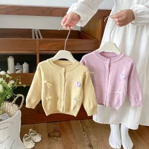 Baby Girls Heart Bowknot Knit Cardigan Long Sleeve Crew Neck Single-Breasted Viscose Sweater Jacket Infant