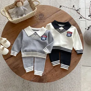 Boys Casual Knit Sweater And Pants Set Turn-down Collar Long Sleeve Top And Bottom Toddler Autumn Outfit