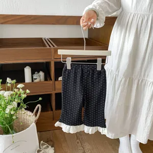 Toddler girls black polka dot flare pants cute white lace ruffle hem casual trousers