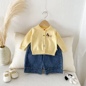 Infant baby girl knit cardigan sweater and denim pants set with cute dog embroidery.