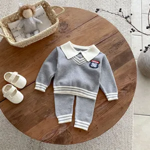 Boys autumn knitted sweater set with contrast collar and vintage patch for toddlers 1-3 yrs