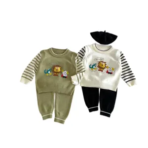 Baby autumn knit sweater pants and hat 3-piece set, cute cartoon animal design, casual toddler outfit.