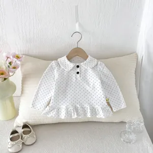 Infant autumn polka dot long sleeve top with doll collar and cute ruffle hem for baby girls.
