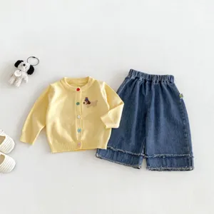 Baby girl knit cardigan and denim shorts set with cute dachshund embroidery for autumn.