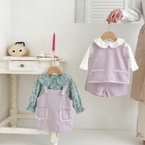 Ensemble Tenue Style Tweed pour Bébés Filles Tout-petit Automne Gilet Short Chemise Florale Blouse à Manches Longues Vêtements de Fête Élégants pour Enfants