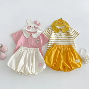 Set estivo da bambina neonata due pezzi polo ricamata con animali carini e pantaloni a palloncino