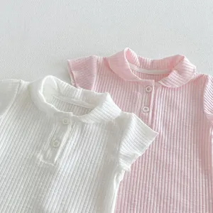 Infant ribbed polo shirt detail, sweet peter pan collar, breathable cotton baby top white pink