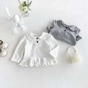 Cute baby toddler polka dot long sleeve blouse with sweet doll collar, stylish autumn top.