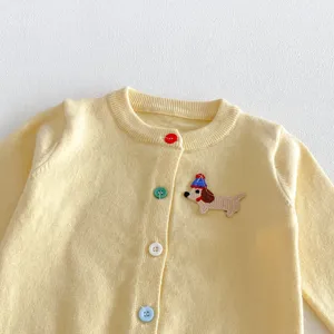 Knit cardigan detail, dachshund embroidery pattern, close-up texture view for kids wear.