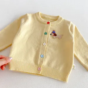 Cute baby toddler cardigan sweater with colorful buttons and cute dachshund embroidery design.