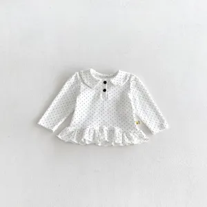 Infant baby girl long sleeve cotton top with peter pan collar and cute polka dot pattern.