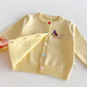 Adorable toddler baby knit cardigan sweater with cartoon dachshund embroidery outerwear.