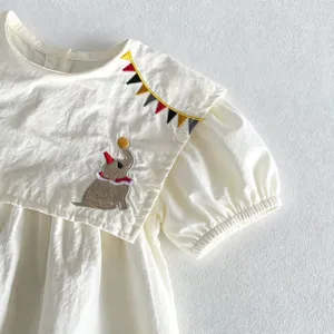 Bambina bambina abito bianco elefante ricamato estate carino maniche a sbuffo manica corta