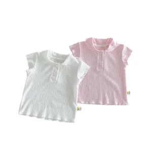 Infant ribbed polo short sleeve t-shirt, cute cotton breathable baby top for girls.