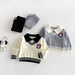 Toddler baby boy knit sweater set with stylish lapel collar and comfortable trousers for autumn.