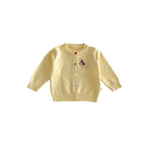 Baby girls cute dachshund embroidered knitted cardigan sweater yellow infant autumn long sleeve coat