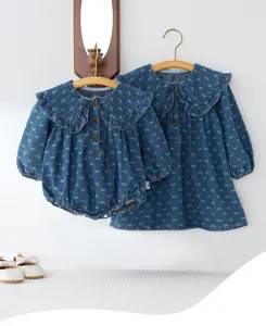 Cute baby girl denim romper and dress set with lovely bow prints and sweet collar.