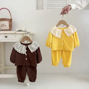 Baby Girls Fall Waffle Knit Long Sleeve Cardigan Top And Long Pants Cute Lace Collar Toddler Daily Outfit