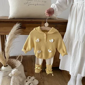 Toddler Girls Spring Knit Hoodie Sweater Pants Set Cute 3D Heart Detail Children Apparel