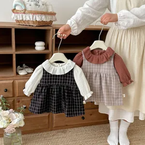 Ragazze Carino Primavera Colletto Bimba Manica Lunga Blusa E Classico A Quadri Abito A Smanicato Bambini Dolce Casual Vestito