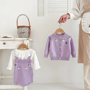 Infant baby girl knit cardigan strap romper two-piece set cute floral embroidery purple knitwear