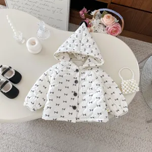 Infant baby girls cute bow quilted hooded winter coat toddler warm thick outerwear clothes