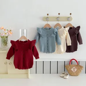 Infant Baby Girl Knit Romper Cute Hollow Out Diamond Long Sleeve Fly Sleeve Ruffle Jumpsuit Autumn Winter Baby Clothes