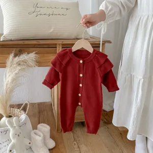 Infant Baby Knit Romper Fall Winter Flying Sleeve Cute Newborn Jumpsuit Red New