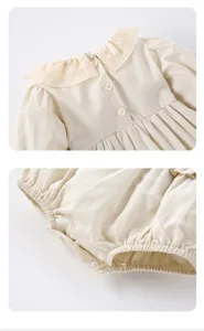 Details of baby girl long sleeve romper with lace collar and snap buttons for spring wear.