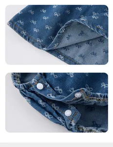 Baby denim romper detail showcasing blue wash fabric, white bow print, and snap buttons.
