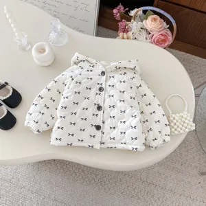Toddler baby girl winter cute hooded cotton padded jacket with sweet bow print detail.
