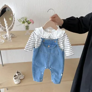 Adorable baby infant striped long sleeve top and denim overalls set, casual daily wear style.